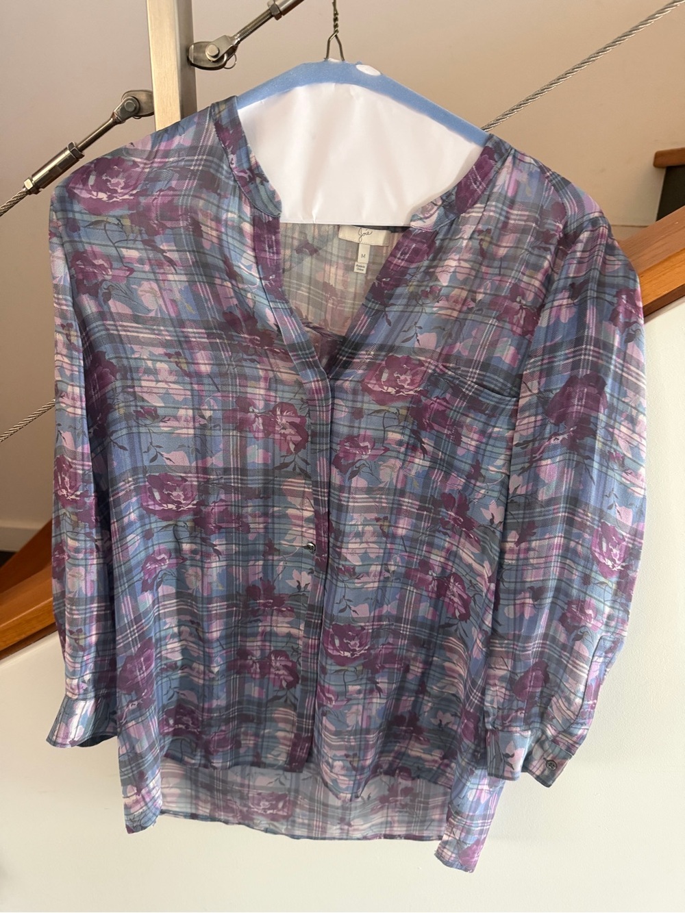 Joie Sheer Blue and Purple Floral Plaid Blouse